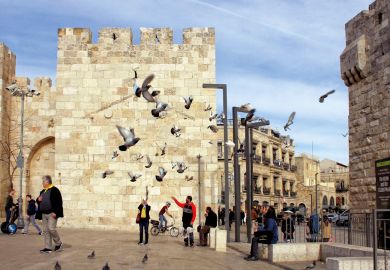 Pigeons scatter into the air at the plaza outside Jaffa Gate in Jerusalem's Old City. Pigeons scatter into the air at the plaza outside Jaffa Gate in Jerusalem's Old City.