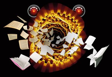 Montage of a machine in the shape of a monster eating books Montage of a machine in the shape of a monster eating books to illustrate Publishers must not feed the machine munching through the academy