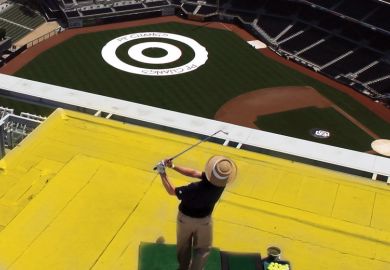 Player hits golf ball off a roof attempting to land the ball on a balls-eye planted in a field as a metaphor for Now is the time to take action on the UK’s R&D spending target