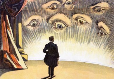 Person standing on a stage facing an audience of eyes illustration as a metaphor for an expert practitioner  taps into ‘the dangerous energy of all those watching eyes