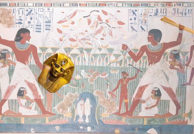 Montage of Ancient Egyptians hunting wildfowl with throwing sticks on a papyrus reed bed with fish and numerous birds including a flock of geese taking to the air with one holding an Egyptian mask, the other holding a papyrus scroll