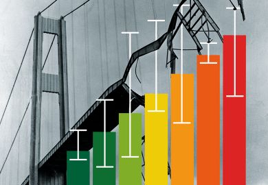 Montage of a graph between the Tacoma Narrows Bridge collapsing in Washington to illustrate All science papers must declare how confident  we should be in them