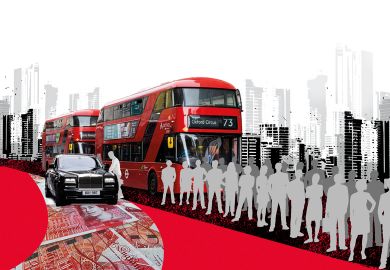 Montage people queuing for the bus with one person getting into a car to illustrate Can collective pay bargaining survive in the UK?