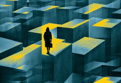 concept image of a woman standing in a maze of large confusing blocks. concept image of a woman standing in a maze of large confusing blocks.