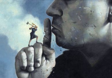 Man finger on mouth with woman smashing it with an axe illustration concept