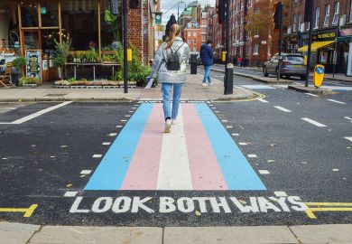 A woman walks along a pedestrian crossing with trans flag colours in Bloomsbury. A woman walks along a pedestrian crossing with trans flag colours in Bloomsbury. to illustrate Trans rights debate ‘is distracting union’