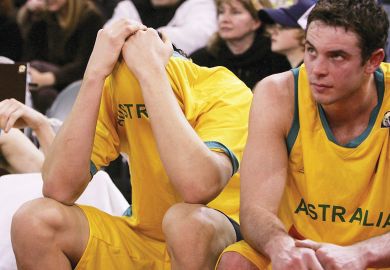Andrew Bogut (C) of the Boomers looks dejected after the Boomers lose the Resi Mortgage Test Series match between the Australian Boomers and the New Zealand Tall Blacks at Vodafone Arena.