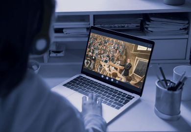 Student looking at laptop, screen has image of a historic painting with men attending a class lecture.