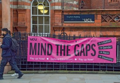 University and College Union (UCU) banner stating 'Mind the gaps' is seen at the picket outside University College London (UCL) to illustrate Will Jo Grady’s wafer-thin mandate weaken union bargaining hand?