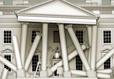 Concept of a building with columns, windows, and the basic structure falling down to illustrate Why UK universities are really going broke