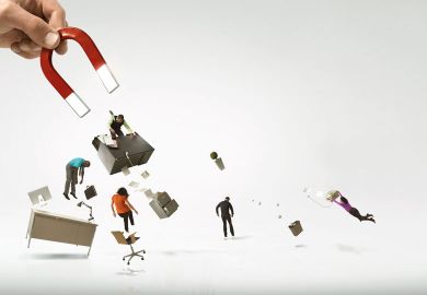 Giant hand and magnet picking up office and workers to illustrate labour pains