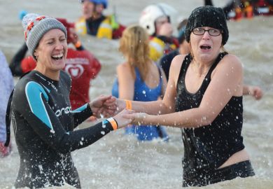 Swimmers braved the icy cold waters of the Thames Estuary to illustrate administrative purge leaves UK universities exposed