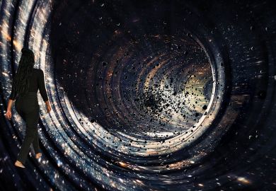 Composite image lady walking into the Black hole concept with deep universe galaxy, planets, stars Composite image lady walking into the Black hole concept with deep universe galaxy, planets, stars.as a metaphor for Making the ‘disordered cosmos’ add up.