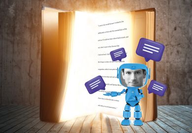 John Haag inside a robot and speech bubbles and an open book behind him Concept image of John Haag inside a robot and speech bubbles and an open book behind him to illustrate Why I turned myself into an AI chatbot