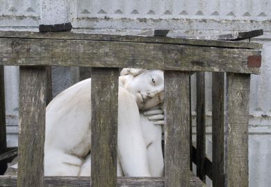 Marble female statue caged in a wooden crate to illustrate Scholars are wounded in  academia’s gender wars