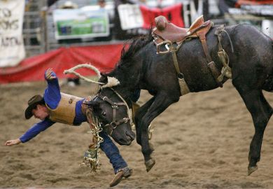 Cowboy is thrown from his horse at the Auckland Rodeo, New Zealand to illustrate Free university scheme fails to reduce inequities in New Zealand