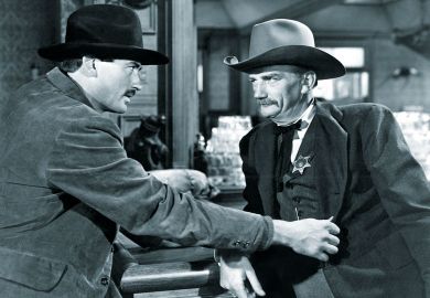 Scene from the film, The The Gunfighter, Gregory Peck, Millard Mitchell, 1950 The Gunfighter, Gregory Peck, Millard Mitchell, 1950 showing sheriff badge to illustrate 'Accreditors in firing line as US political temperature rises'