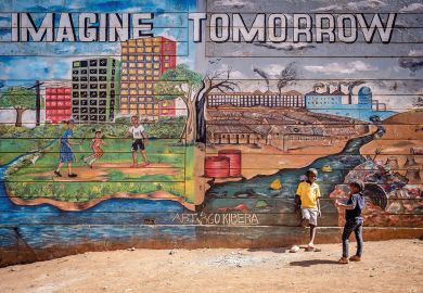 Children stand in front of a mural in Kibera slum showing an illustration of today and tomorrow Children stand in front of a mural in Kibera slum illustrating an illustration of today and tomorrow to illustrate Commonwealth can act as ‘a laboratory for change’