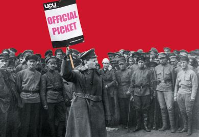 Concept of Leon Trotsky, a Russian leader of the Bolshevik Revolution holding a UCU banner to illustrate Trotskyist politics are driving perennial strikes