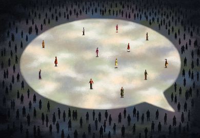 large spotlight in the shape of a speech bubble to symbolise the feedback/messages that are not anonymous. Only a few people are standing under this spotlight with the majority remaining as a metaphor that many people now message anonymously