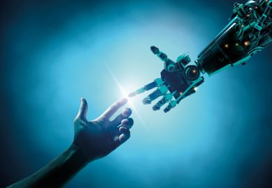 Person’s finger touching a robots finger to illustrate the barriers to interdisciplinary science must  be lowered