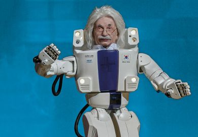 Albert Einstein head in a  humanoid prototype  Albert Einstein head in a  humanoid prototype to illustrate AI will replace academics unless our teaching challenges students again