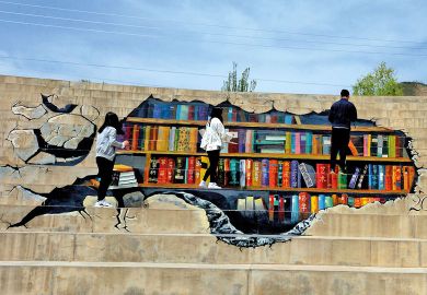 Students who learn fine arts paint a 'library' with 3D design on stairways at Lanzhou University to illustrate China looks to universities to lead development of its mid-west