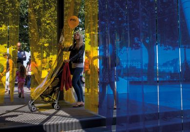 An artwork consisting of strips of synthetic, industrial curtain called Arcadia on London's Southbank to illustrate Ex-OfS head: ‘more transparency needed’ on research-teaching link