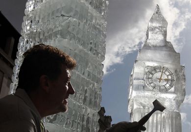 British ice sculptor Duncan Hamilton with his sculpture of London's iconic Big Ben  British ice sculptor Duncan Hamilton with his sculpture of London's iconic Big Ben to illustrate No Westminster government will raise fee cap, universities warned