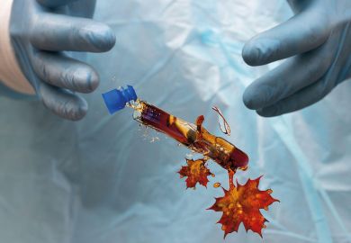 Montage of the doctor dropped the damaged blood test tube with Canada shape leaf falling out of it to illustrate Is Justin Trudeau failing Canadian science?