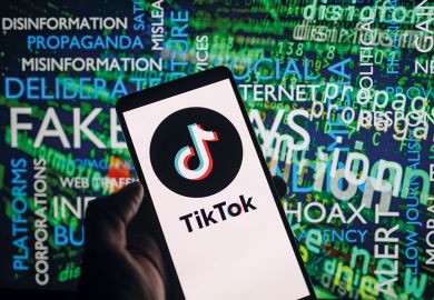 TikTok icon logo displayed on a smartphone with disinformation on screen  in the background TikTok icon logo displayed on a smartphone with disinformation on screen  in the background to illustrate Students are ‘learning’ about Israel-Hamas from TikTok. We must step up