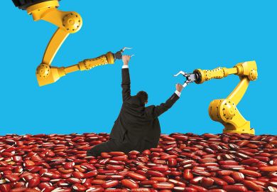 Montage image of a man holding onto robot arms Montage image of a man holding onto robot arms to illustrate Can AI free universities from the institutional bean-counting scourge?