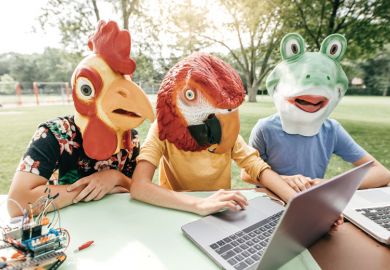 Three people wearing head costume masks looking at laptops as a metaphor for Cheating firms offer Zoom proxy