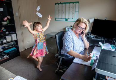 Mother attempts to work from home on the computer and phone whilst her daughter copies her, makes a mess and throws the laundry around. Mother attempts to work from home on the computer and phone whilst her daughter copies her, makes a mess and throws the laundry around. for University staff less happy and more anxious than UK average