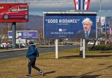 An advertising billboard with good riddance and image of Boris Johnson for Campuses fear loss of fee income as Europeans stay away