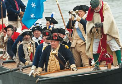 Re-enactment of George Washington crossing the Delaware River, soldiers in a boat with one looking out of a telescope  re-enactment of George Washington crossing the Delaware River group in boat with telescope as a metaphor for Hannah-Jones tenure fight sets out pathway for wider trustee reform