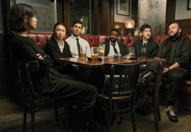 3 Body Problem, from left: Eiza Gonzalez, Jess Hong, Saamer Usmani, Jovan Adepo, Alex Sharp, John Bradley, (Season 1, ep. 101, aired March 21, 2024) as described in the article