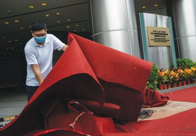 A man lifts a red carpet outside an Office