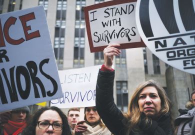 Protesters gather as Harvey Weinstein arrives at a Manhattan court house for the start of his trial on January 06, 2020 as a metaphor for US tactics to tackle sexual harassment, UKRI told
