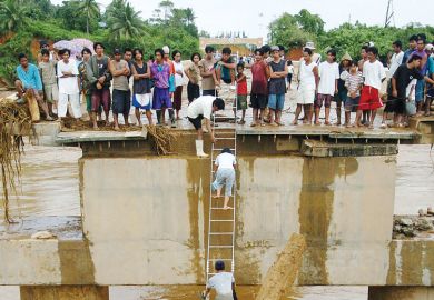Villagers use an aluminium ladder to cross a concrete bridge   Villagers use an aluminium ladder to cross a concrete bridge as a metaphor for Is South-east Asia  higher education’s next global hotspot