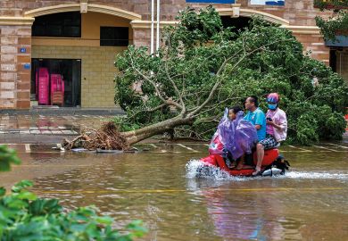 A resident rides past an uprooted tree in Lingao County, Hainan Province of China. to illustrate Universities slow to embrace China’s Hainan branch campus vision