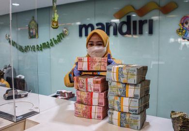 A woman arranges bundles of Indonesian rupiah banknotes at Mandiri Mikro Business Unit Bandung Braga in Bandung to illustrate South-east Asian currency slide could hit student mobility