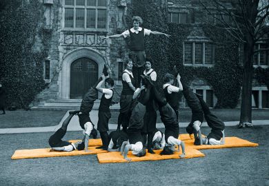Team of lady acrobats practise on a lawn to illustrate Irish universities’ gender rebalance may not persist