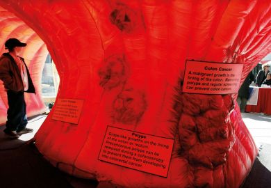 Boy stands inside an interactive replica of a human colon to illustrate Funding and careers structures are holdi  ng back early cancer detection