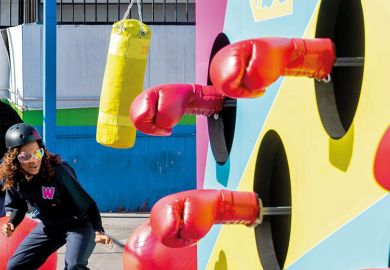 Boxing gloves total wipeout game to illustrate Omnicrisis as usual?