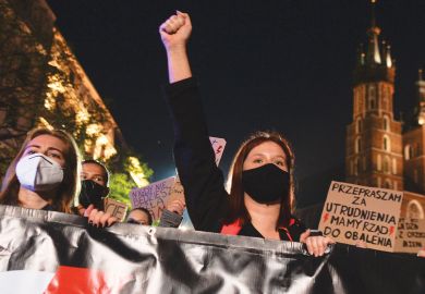 University students, women's rights activists and their supporters at  anti-government protest in Krakow  expressing anger with at the Supreme Court ruling which tightened the already strict abortion laws.