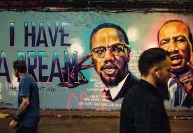 Mural of Malcom X and Martin Lurther King paying tribute to George Floyd  Mural of Malcom X and Martin Lurther King paying tribute to George Floyd to illustrate ‘Race’ absent from UKRI diversity paper
