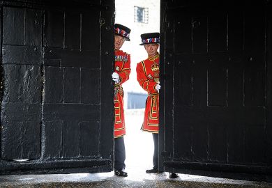 Guards pose with the gates at the main entrance of the Tower of London Guards pose with the gates at the main entrance of the Tower of London to illustrate Tories’ manifesto could include a pledge to scrap UK graduate visa
