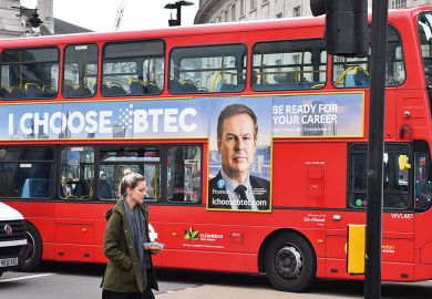Piccadilly Circus, London, UK. 8th April 2016. Pearson BTEC advert London Bus Peter Jones Dragons Den to illustrate BTECs offer ‘critical alternative route to HE’