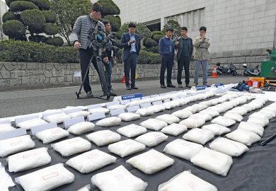 Seized bags of methamphetamine on display at the parking lot of the Seoul Metropolitan Police Agency Seized bags of methamphetamine on display at the parking lot of the Seoul Metropolitan Police Agency to illustrate Korean student drug ring highlights ‘dog-eat-dog’ culture